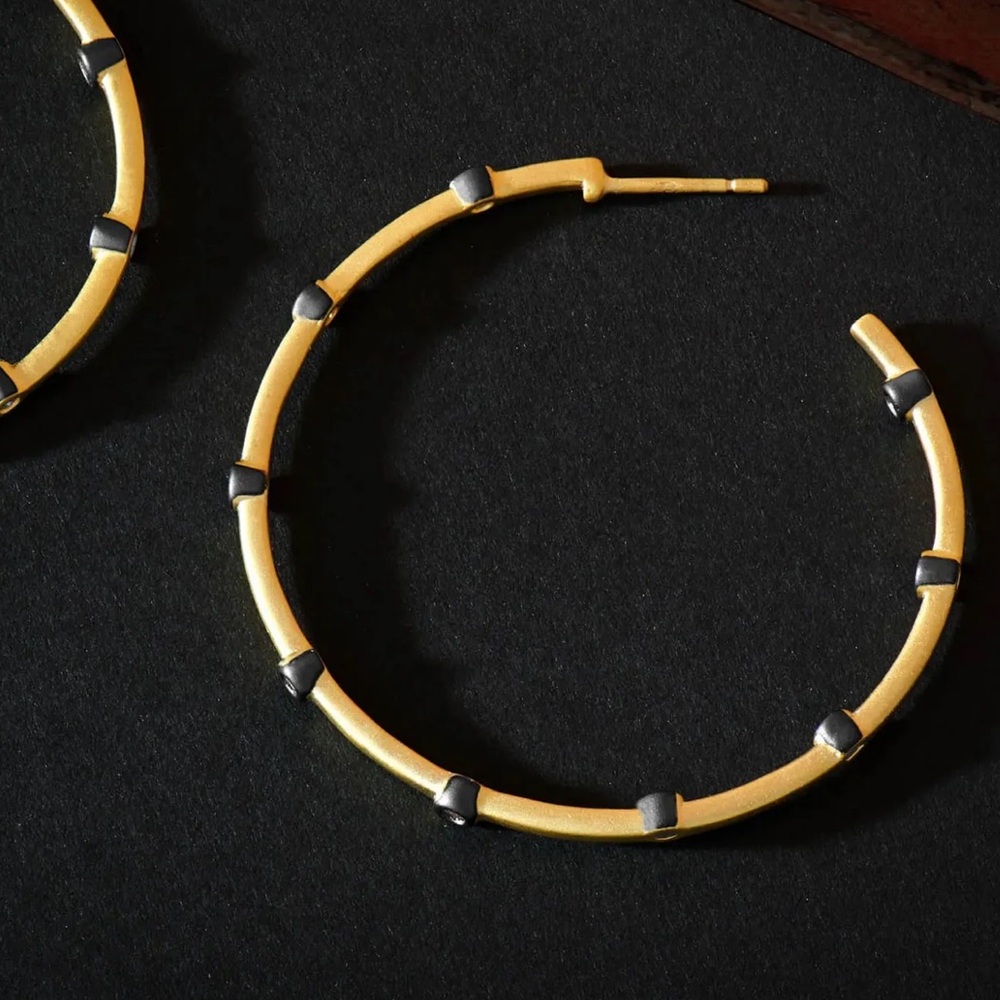 Freida Rothman 925 Gold and Black Hoop Earrings - Picture 2 of 5